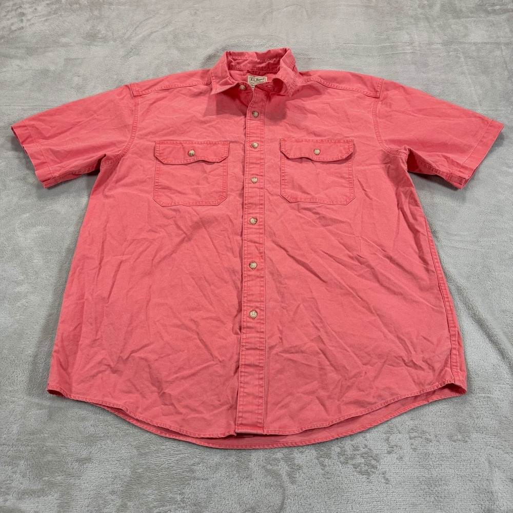 LL Bean Mens Large Traditional Fit Short Sleeve Button Shirt Salmon Pink 270135